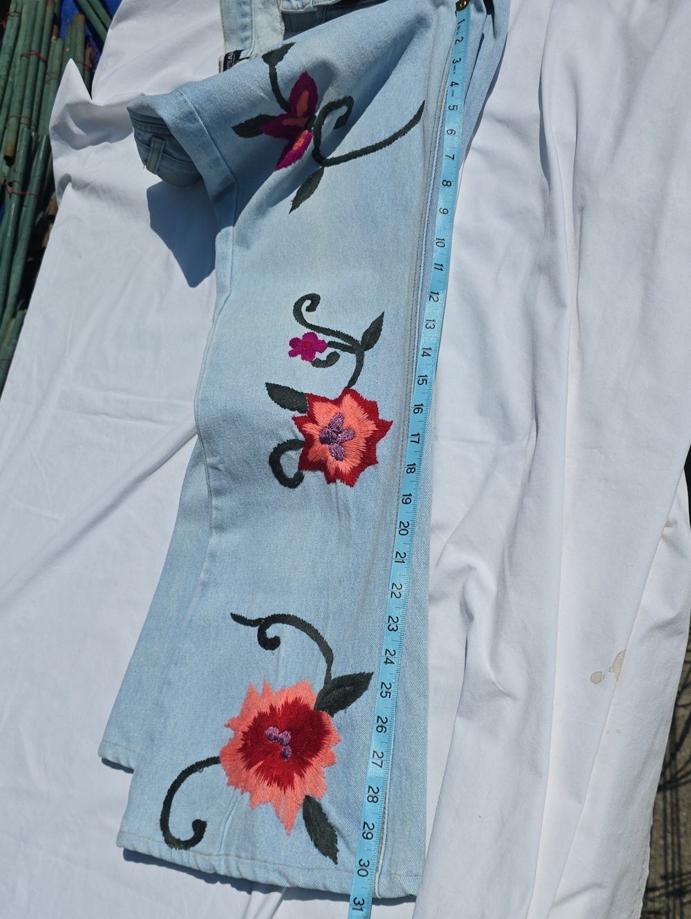 LONDONJEAN Light Wash Wide Leg Jeans with Pink & Red Floral Embroidery - Picture 10 of 10